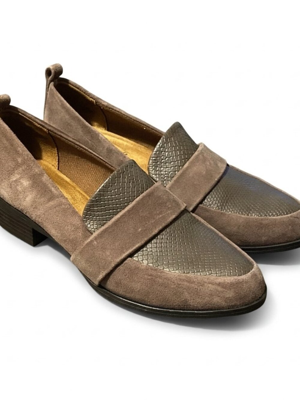 Vintage 7 Eight Taupe Suede Loafers with Textured Vamp